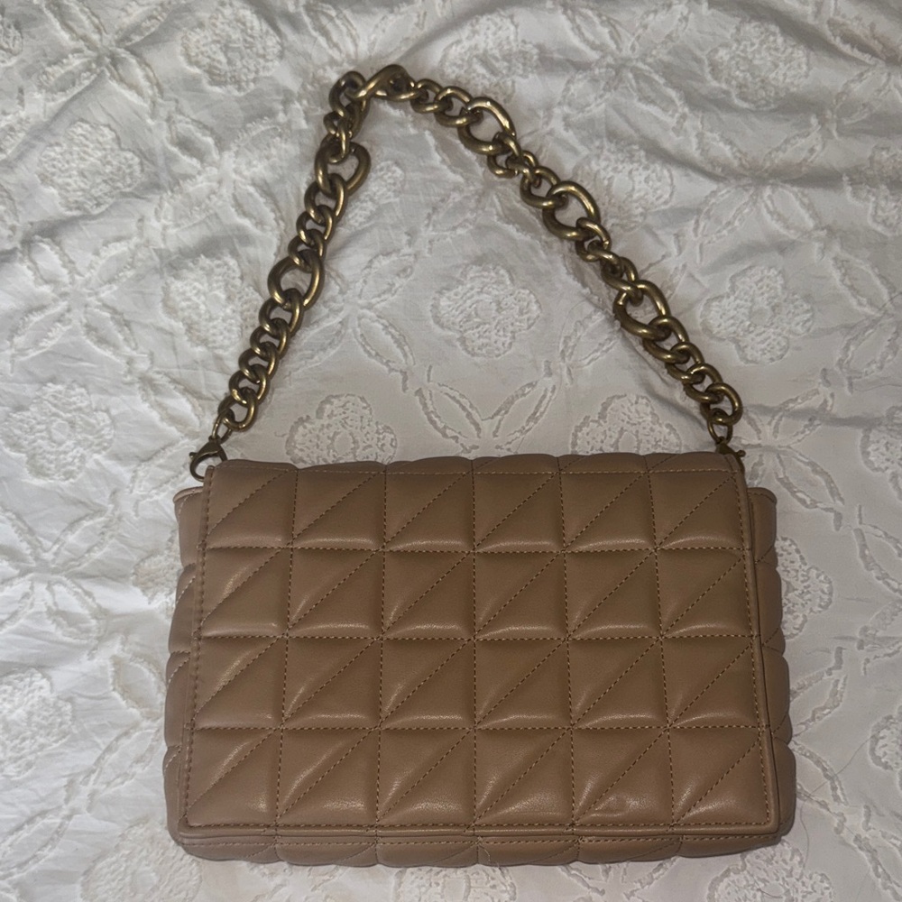 Zara Tan Quilted Shoulder Bag with Chain Strap